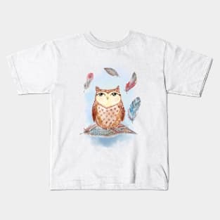 Watercolor cute owl and feathers. Kids T-Shirt